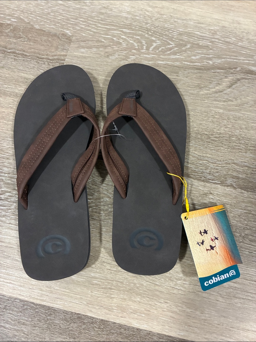 Cobian Men’s Brown Strap Flip Flop Sandals with Dark Footbed